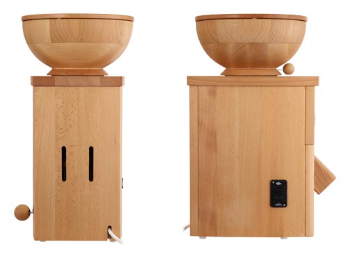 Elektrische Schnitzer Kombimühle / Getreidemühle Vario mit Holztrichter Rückseite und seitlich