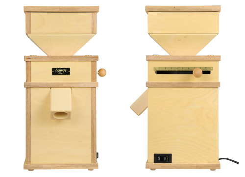 Elektrische Getreidemühle Billy 2 von hawos frontal und seitlich