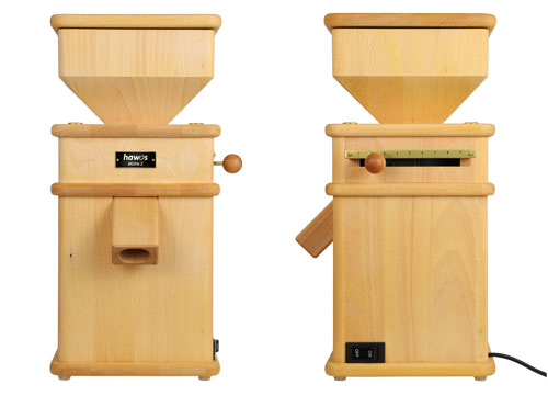 Elektrische Getreidemühle Mühle 2 von hawos frontal und seitlich