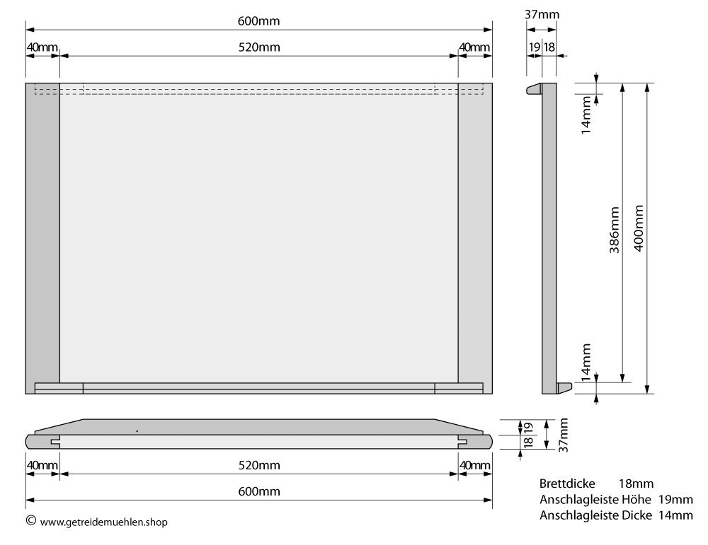 Masszeichnung Backbrett 60 x 40 cm beispielhaft 