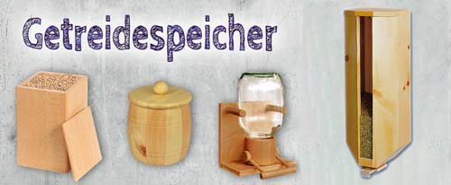 Getreidespeicher: Holzdosen, Holzfässer, Getreidesilos aus Glas und Holz